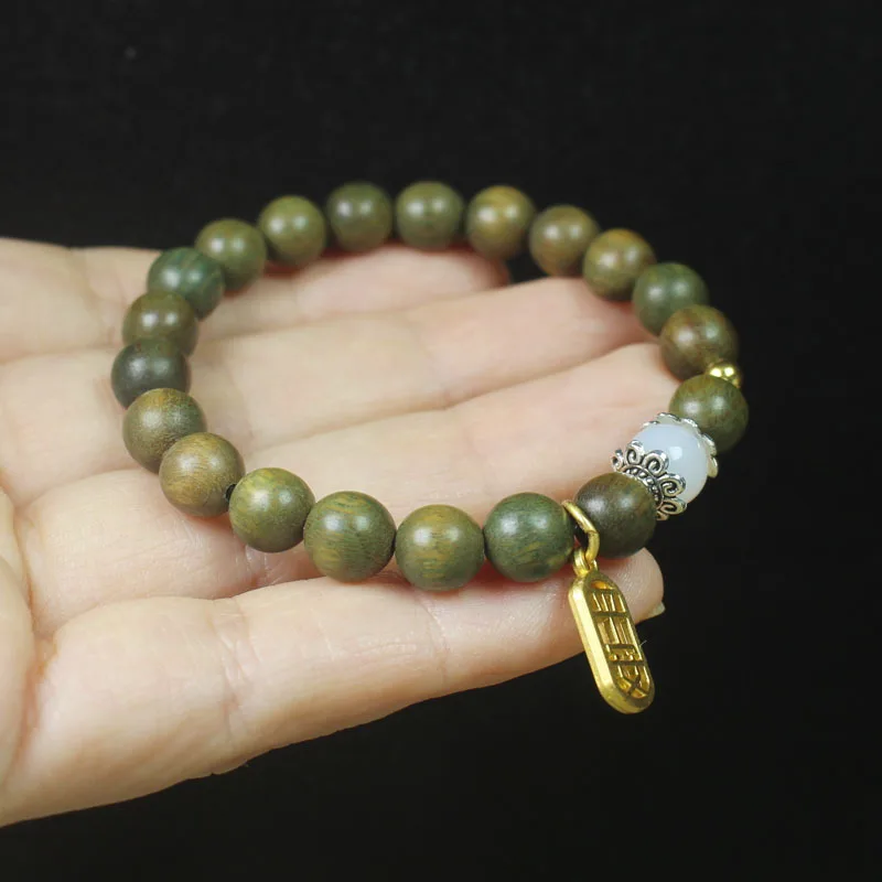 8mm Green Sandalwood Single Loop Bracelet with Fragrance Peace Tag Style for Women DIY Jewelry Beads Gifts