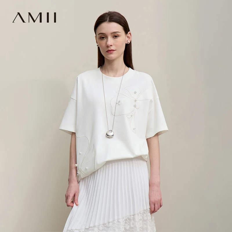 Amii Women's T-Shirt 2026 Summer New Round Neck Drop Shoulder 100% Cotton Tee Loose Fit Embroidered Short-sleeve Tops 12642018