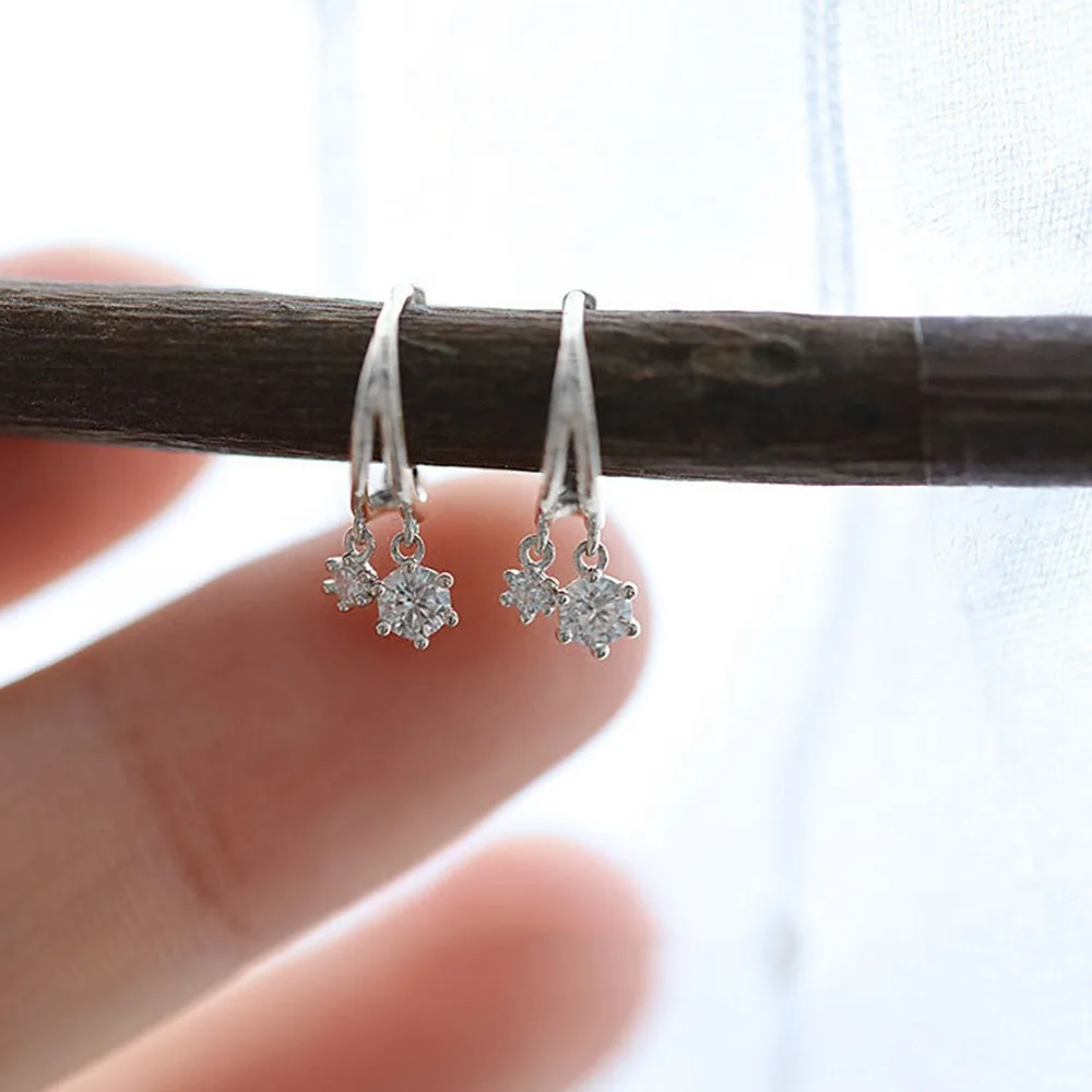Simple Versatile Silver Color U-shaped Two Round 5A Zircon Dangle Earrings for Women Fresh Clean Daily Wear Jewelry Accessories