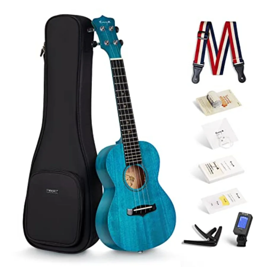 Concert Ukulele EUC-25D 23 Inch Solid Mahogany Top for Beginners Adults - Blue, Professional Sound, Includes Case Tuner Strap S