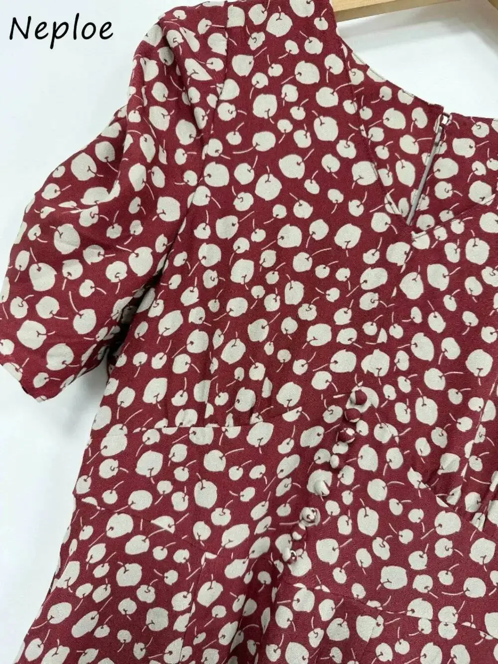 

Chiffon Fresh V Neck Puff Sleeve Sweet Dress High Waist 2025 Spring New Cherry Print Roba Japan Minority Slim Fit Mujer
