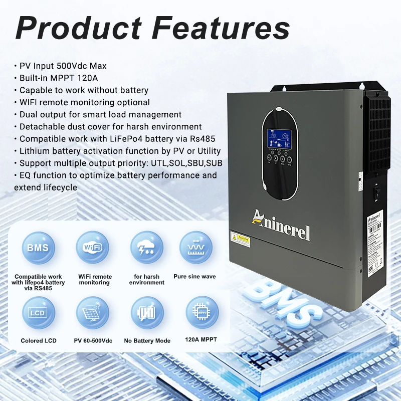 Aninerel 4.2KW 24V NEW 110-120V Hybrid Solar Inverter household Pure Sine Wave Inverter built-in 120A MPPT Charge Controller