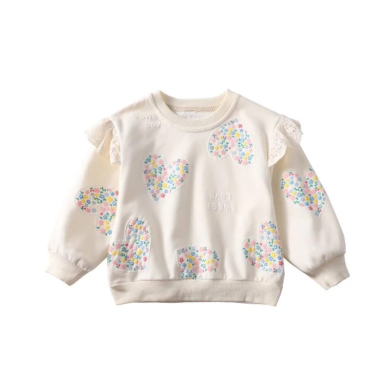 Kleines Mädchen Sweatshirt Herz gedruckt Hemd niedlichen koreanischen Stil T-Shirts weiche Baumwolle Spitze Ärmel Dekor Herbst Kinder Kleidung 1-8 Jahre