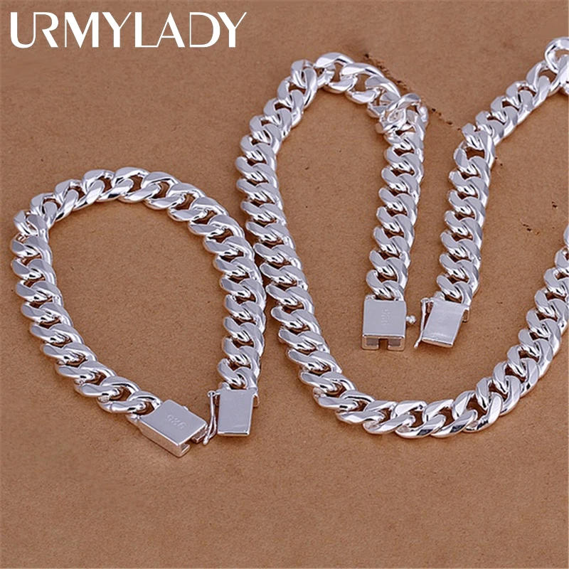 Hot charm 925 sterling Silver Bransoletki naszyjnik Zestaw biżuterii dla mężczyzn klasyczny 10MM kwadratowy łańcuszek 20/22/24 cali Moda Prezent na imprezę