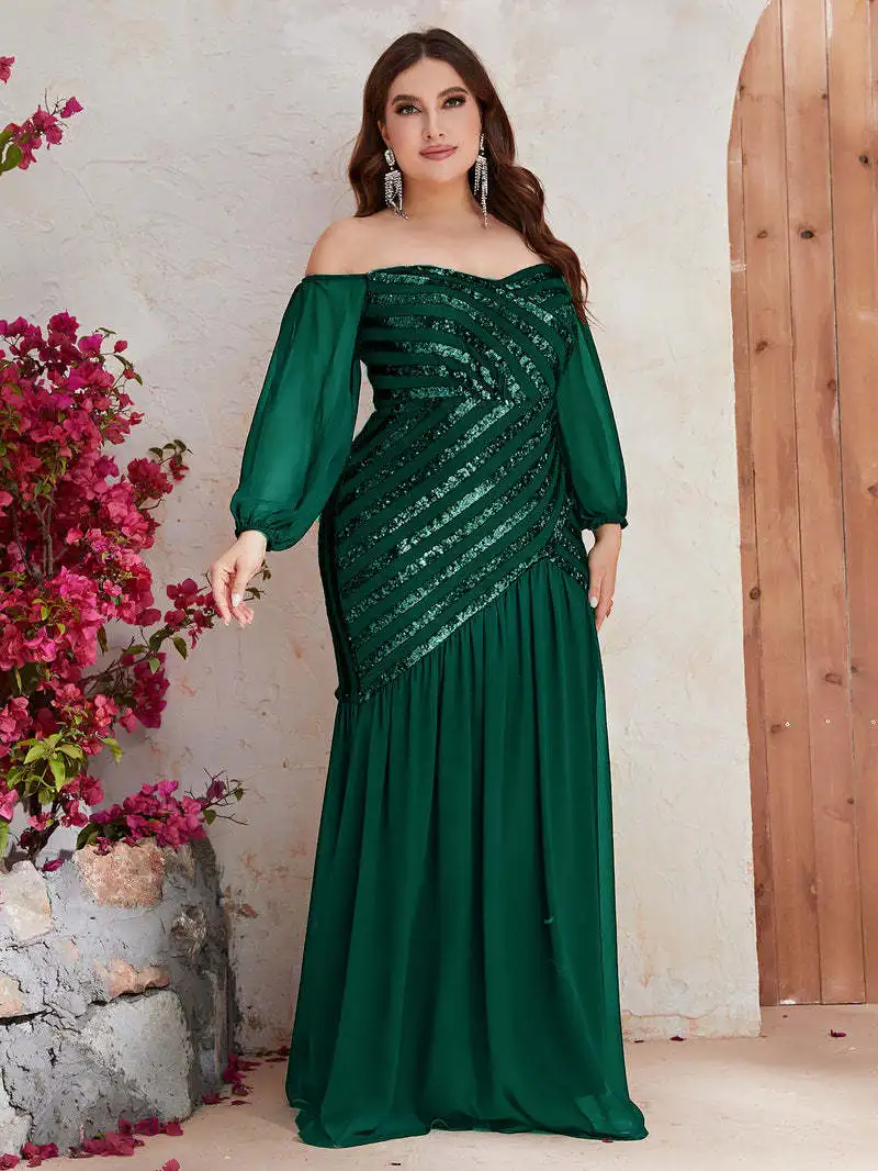 Women Plus Size Evening Dresses Strapless Sequins Splicing Party Dresses 2023 New Sexy Green Wedding Dress Large Size Female