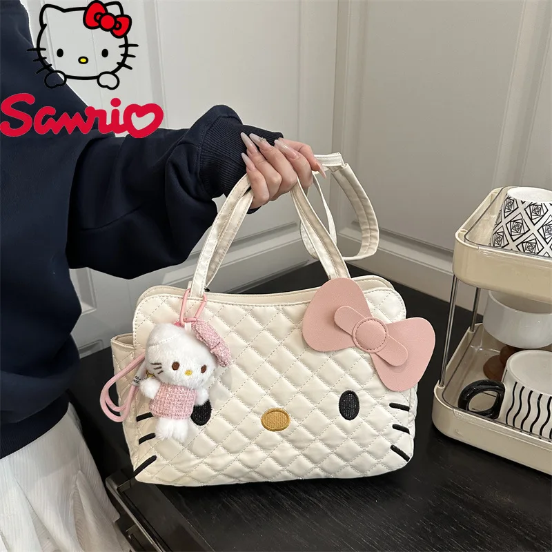 

Sanrio Hello Kitty Women Shoulder Bag Stylish Cute White Cartoon Tote Bag Large Capacity Travel Gift with Optional Charms