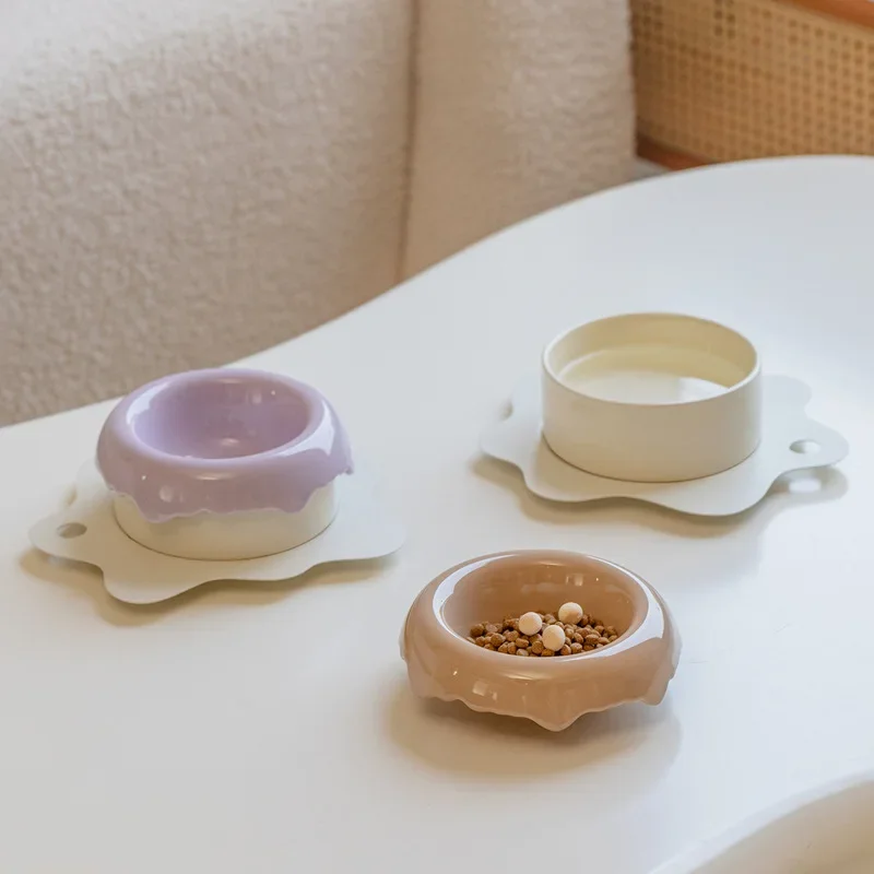 Pet Bowl Set 3 in 1 Cat Food Water Ceramic Bowls Small Dogs Elevated Feeding Supplies