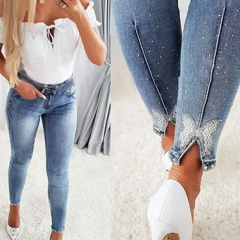 Women Fashion Jeans Summer 2026 Rhinestone Beads Butterfly Pattern Split Bottom Jeans Tights Casual Versatile Street Clothing