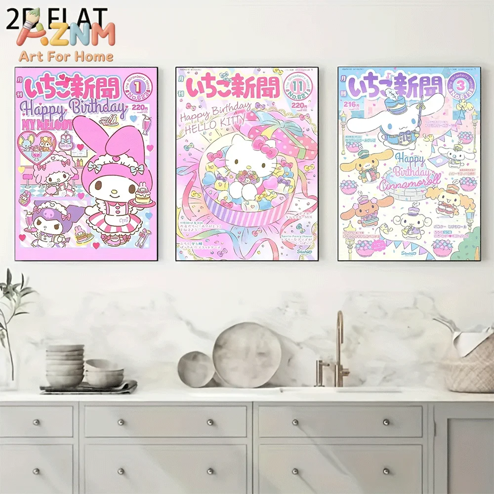 AZNM Sanrio My Melody Hello Kitty Cinnamoroll Canvas Wall Art Unframed Cute Cartoon Magazine Cover Birthday Theme Print Painting