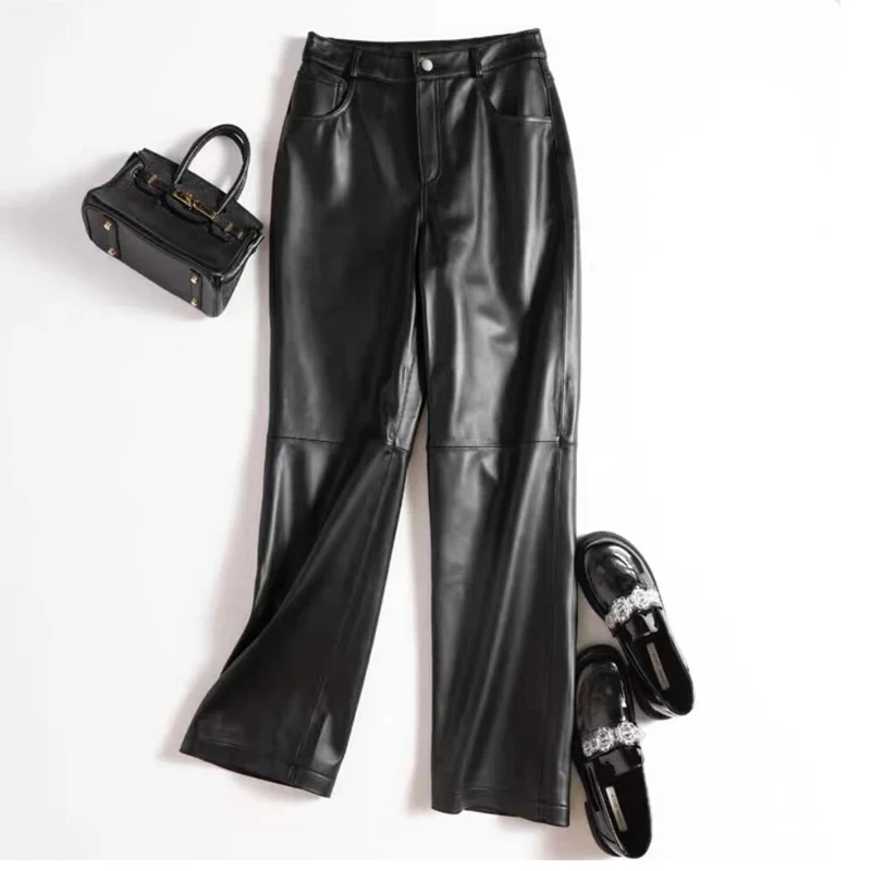 2024 Leather Long Pants Women New Commuter Waist Slim Sheepskin Wide Leg Full Length Straight Cylinder Trousers