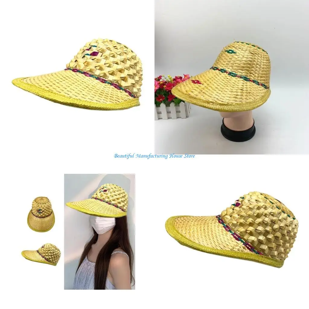 E56A Windproof Protecting Hat Handmade Fashionable Straw Hat Wide Border Hat for Active and Travel