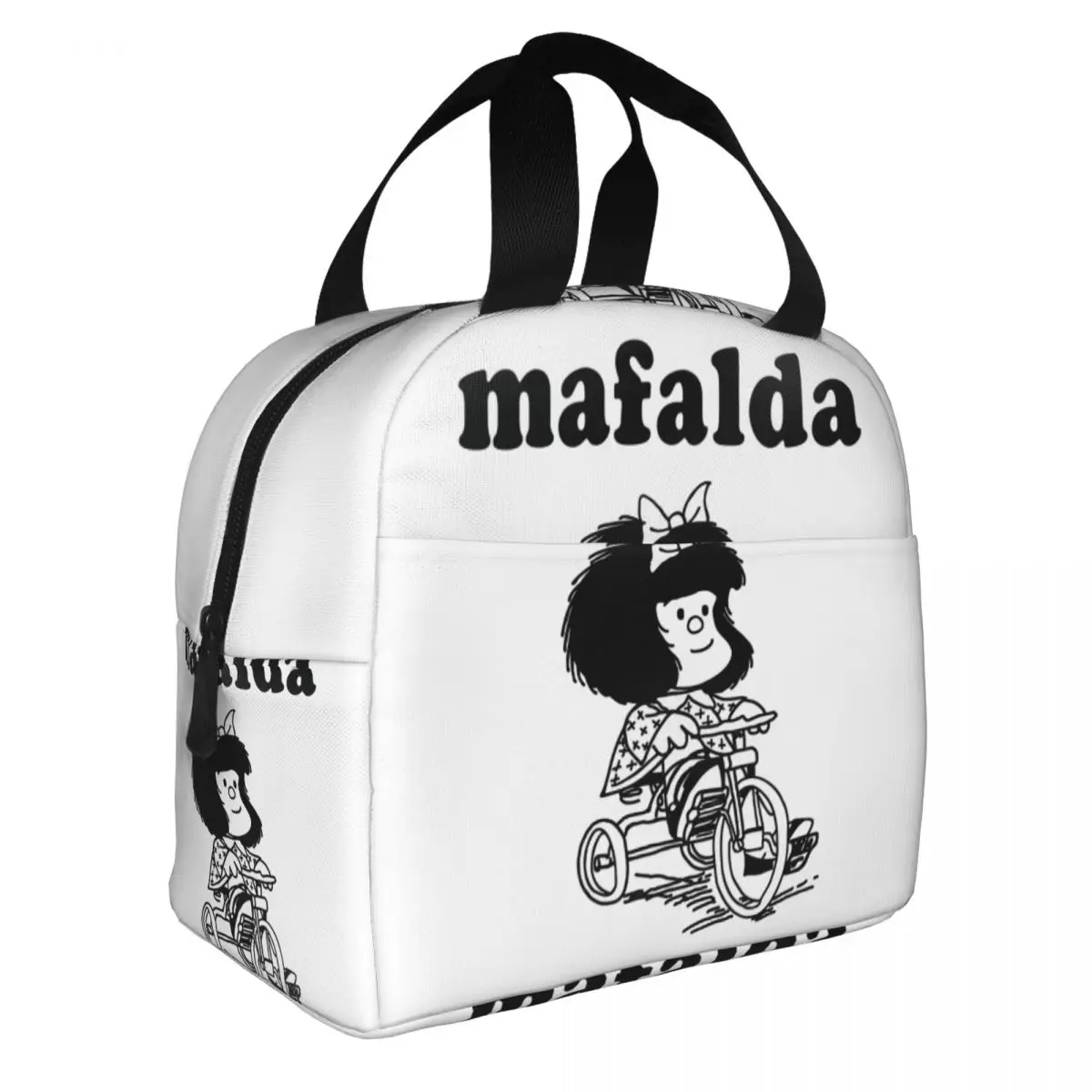Mafalda Bike Riding Insulated Lunch Bag for Work School Quino Cartoon Manga Resuable Thermal Cooler Bento Box