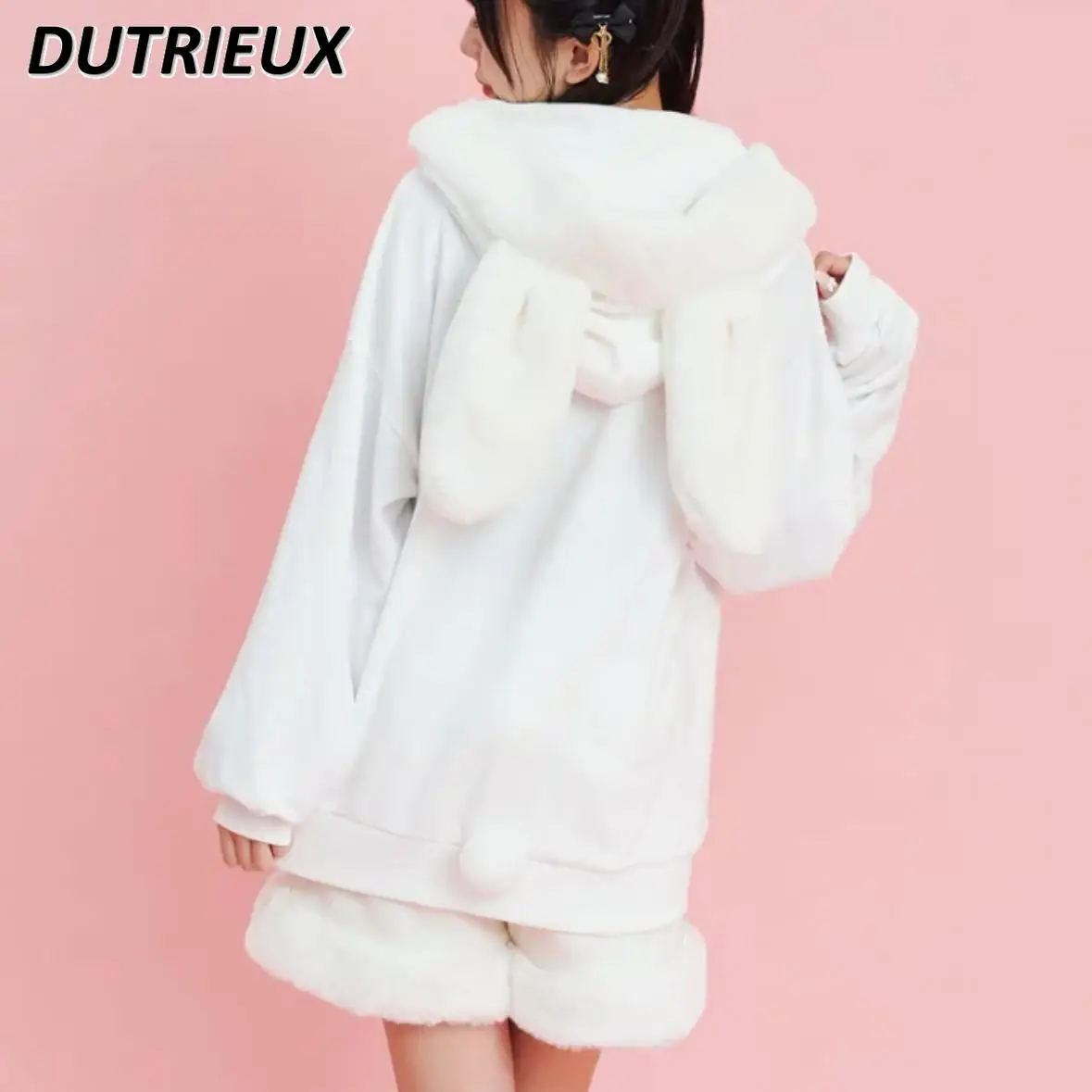 Japanese Autumn Winter New Furry Hooded Sweatshirt Sweet Cute Girls Long-sleeved Versatile Solid Color Zipper Cardigan Hoodies