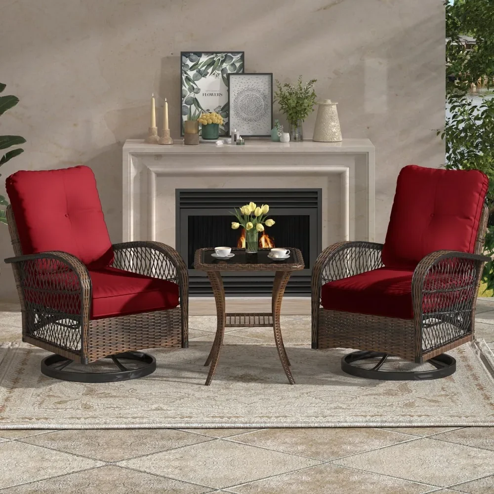 3 Pieces Patio Furniture Set, Outdoor Swivel Rocker Patio Chairs, Wicker Patio Bistro Set with Rocking Chair, Thickened Cushions