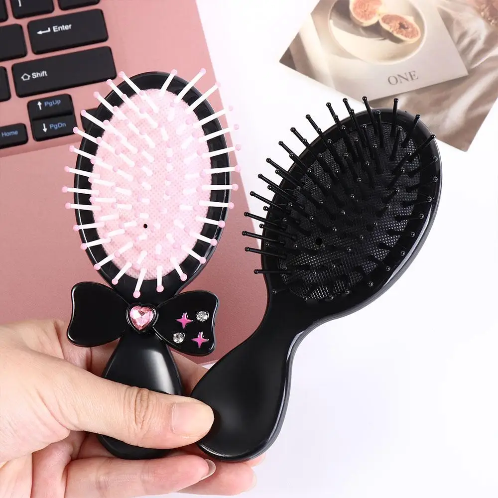 Korean Style 2 in 1 Comb Mirror Set Durable Lamb Bowknot Air Bag Hair Comb Makeup Tool Pocket Mirror Mini Foldable Hair Brush