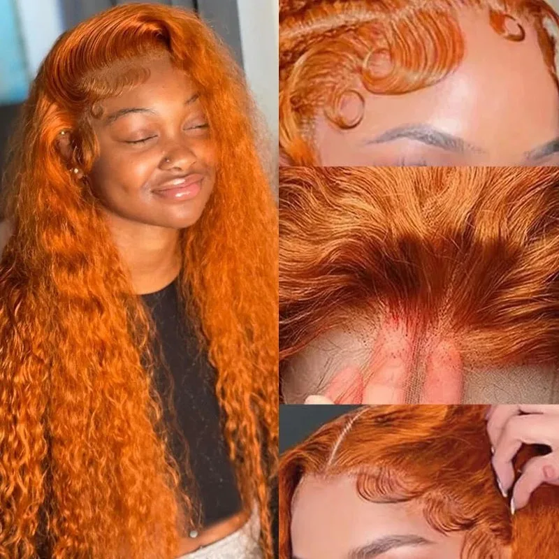 Peluca de cabello humano rizado para mujeres negras, postizo de encaje Frontal 13x4 de 30 pulgadas, color naranja, 200 de densidad, 13x6