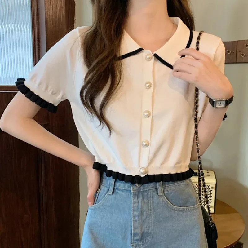 Women Shirt Knitted Short Sleeve Cute Frilled Pearl Button Collared Blouse Shirt Female Summer Crop Tops French Chic Outfit - view 3