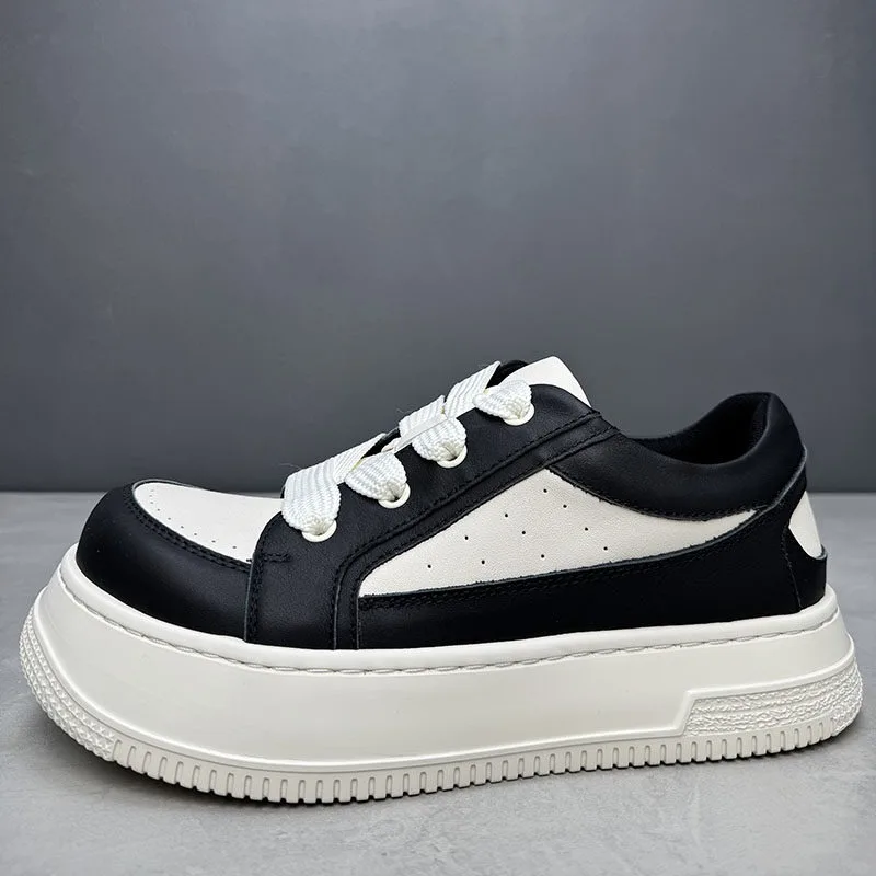 Designer Luxury Round Toe Thick Sole Height Increasing White Shoes Men's Cow Leather Breathable Casual Genuine Leather Shoes