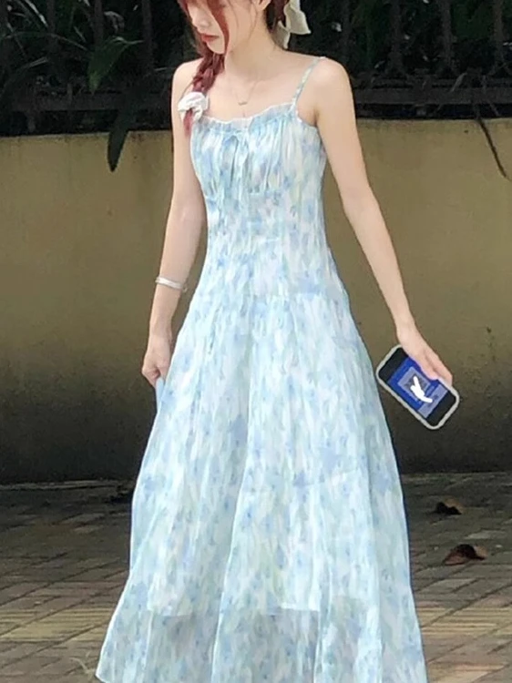 Sweet Blue Floral Print Strapl Dr Women's Summer New Sle Slimming Waist High Waist A-Line Long Dr Korean Sle