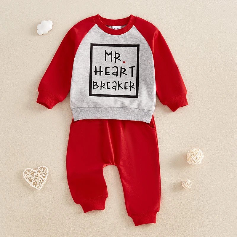 Toddler Boy Valentine s Day Outfit Heart Print Raglan Long Sleeve Shirt and Solid Pants 2 Piece Set for Baby Boys