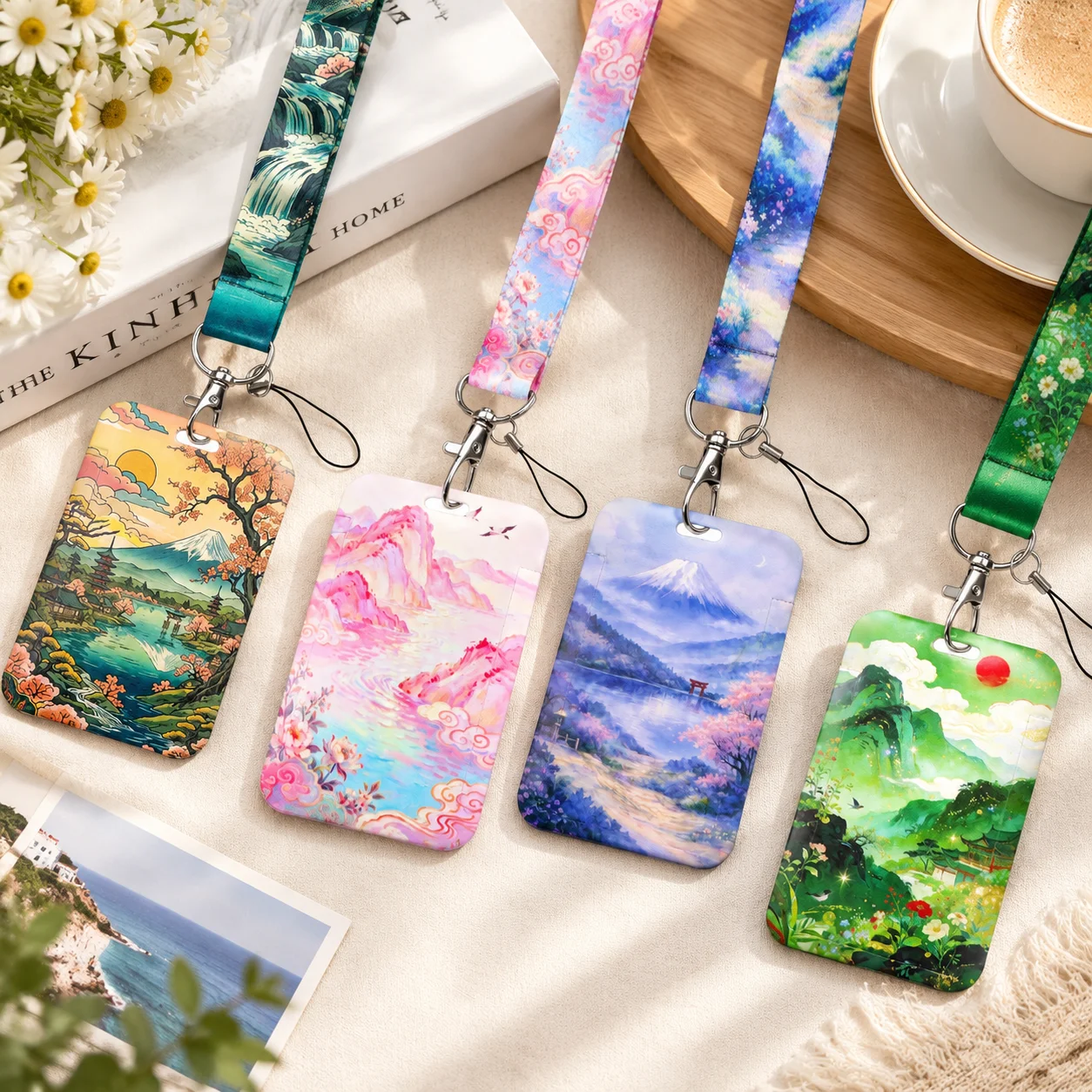 Landscape ID Card Holder Lanyard Cute Art Scenery Neck Strap Card Case Japanese Style Mountain Work Office Accessory Gift