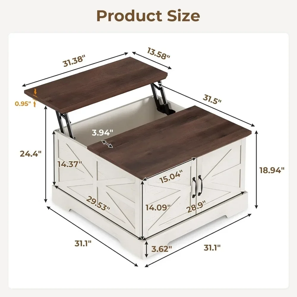 Mesa de centro elevable Farmhouse para sala de estar con almacenamiento de 50 galones, mesa de centro cuadrada con tapa elevable y puerta de granero