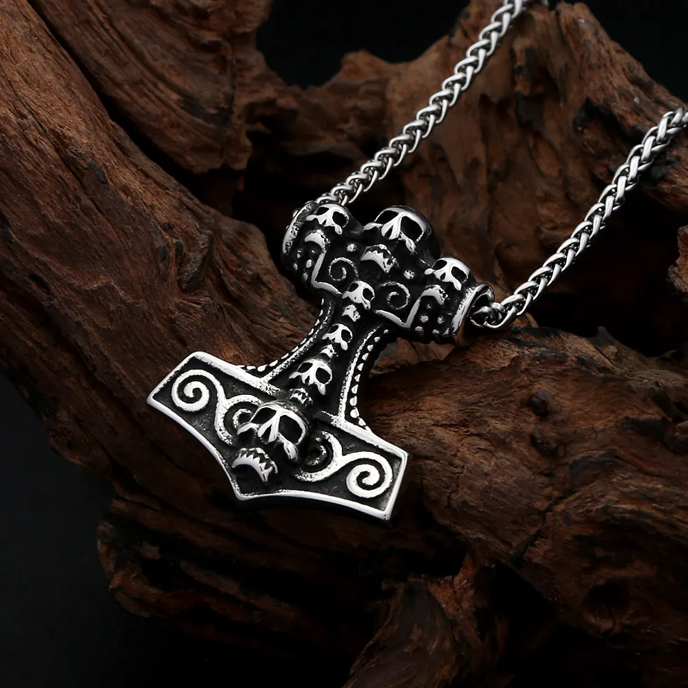 Vintage Skull Thor Hammer Mjolnir Stainless Steel Pendant Necklace For Men Women Street Gothic Punk Fashion Jewelry Gifts
