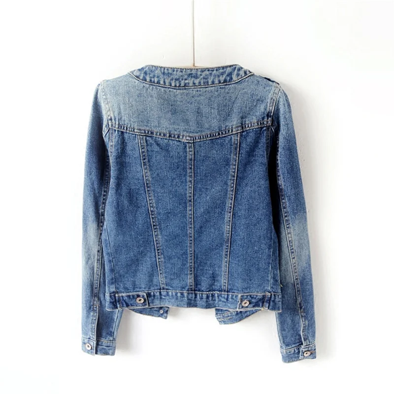 Vintage Blue Frayed Pocket Denim Jacket Women Slim Short Student Cowboy Outerwear O Neck Long Sleeve Jeans Jacket Coat Female