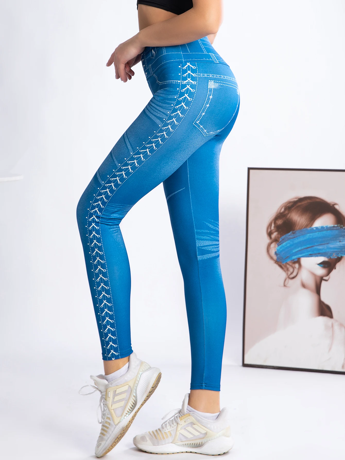 Nieuwe Mode Hoge Taille Imitatie Denim Leggings Vrouwen Europa En Amerika Sexy High-Stretch Strakke Negenpunts Broek Dames
