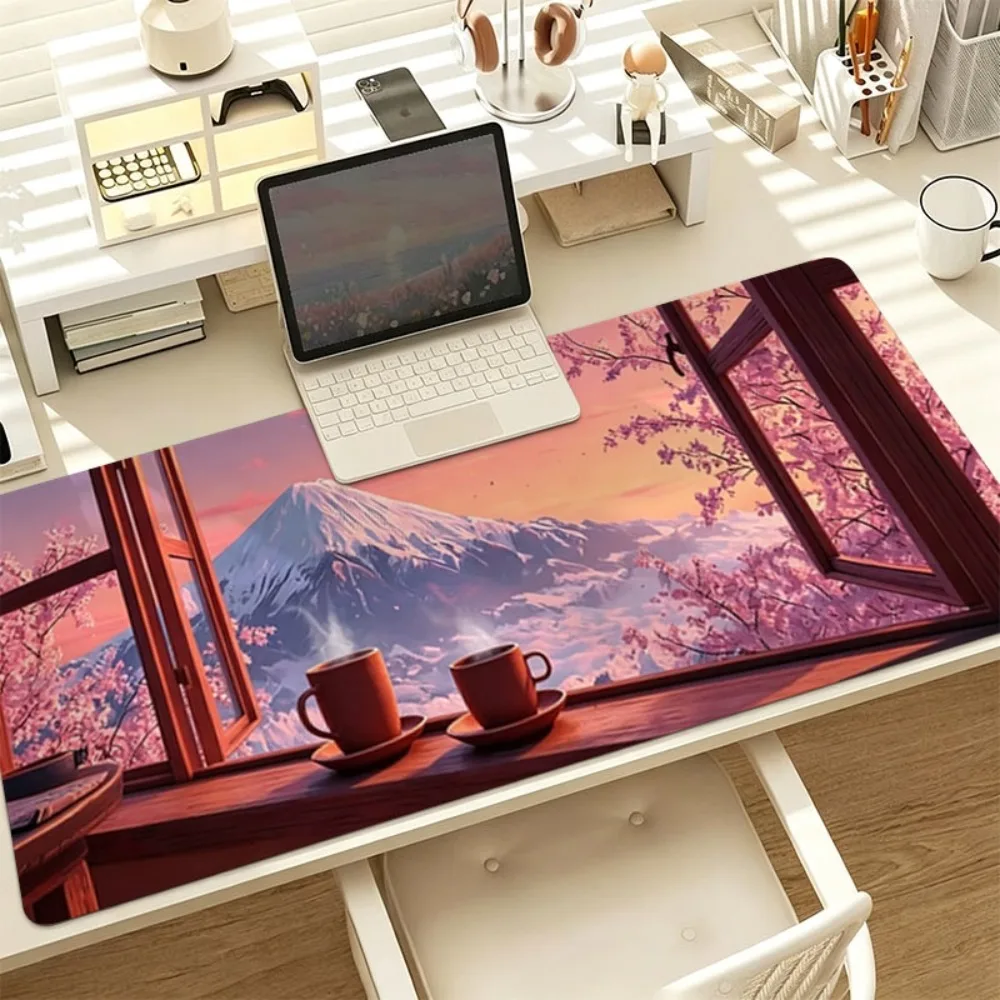 Quiet Mount Fuji Sunrise Window Scene Coffee Cherry Blossom Print, Durable and Easy to Clean alfombrillas para escritorio