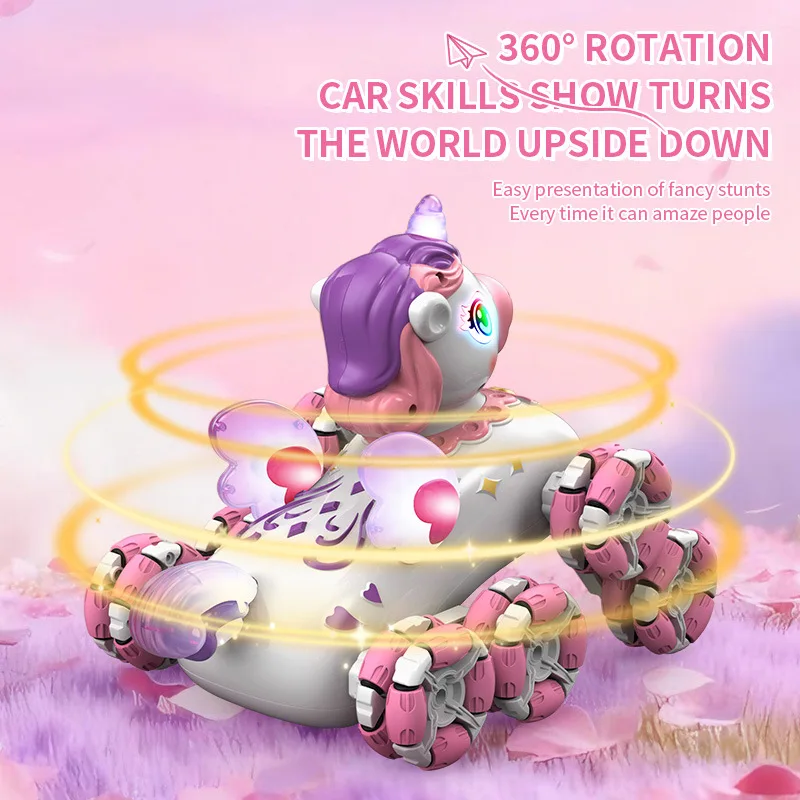 لعبة يونيكورن ذات 8 عجلات للتحكم عن بعد - مع إضاءة وموسيقى، تصميم وردي جذاب، مثالية للفتيات