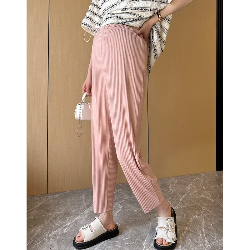 

High Waist Adjustable Pleated Pants Maternity Summer Cool Tapered Straight Cropped Trousers for Pregnant Women Youth Pregnancy