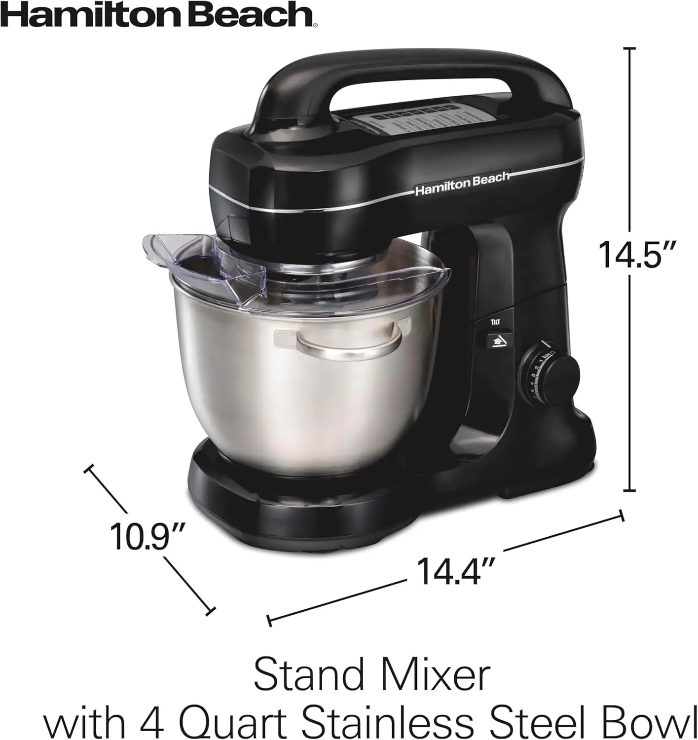 Electric Stand Mixer, 4 Quarts, Dough Hook, Flat Beater Attachments, Splash Guard 7 Speeds with Whisk, Black with Top Handle