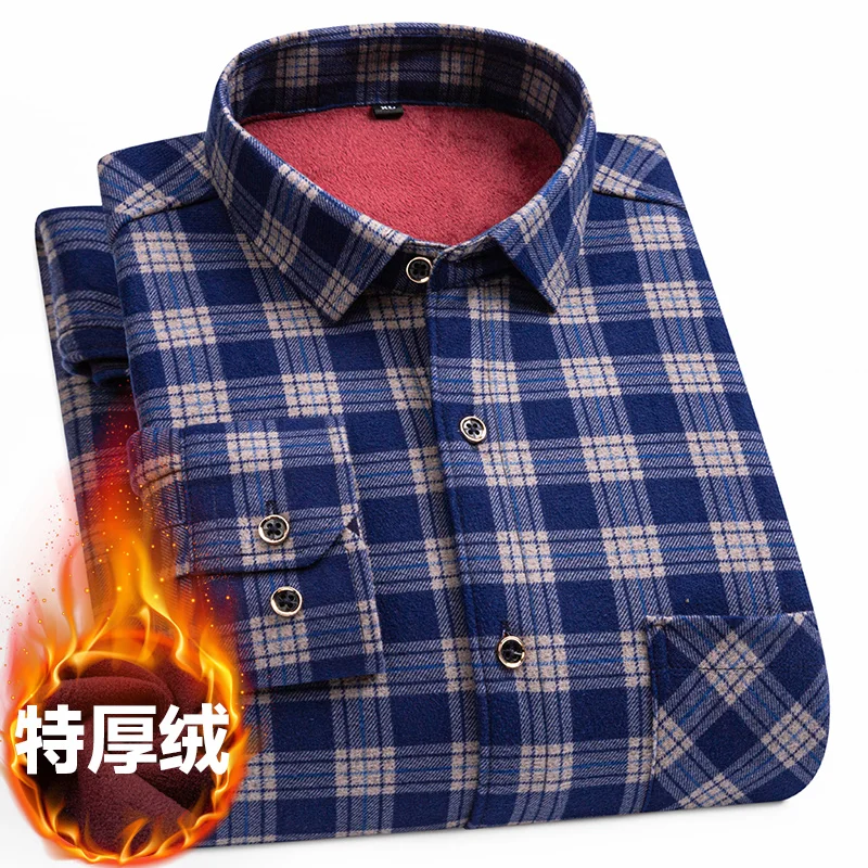 8XL 9XL plus fleece thick men's shirt Long sleeve warm autumn and winter casual free ironing slim breathable check