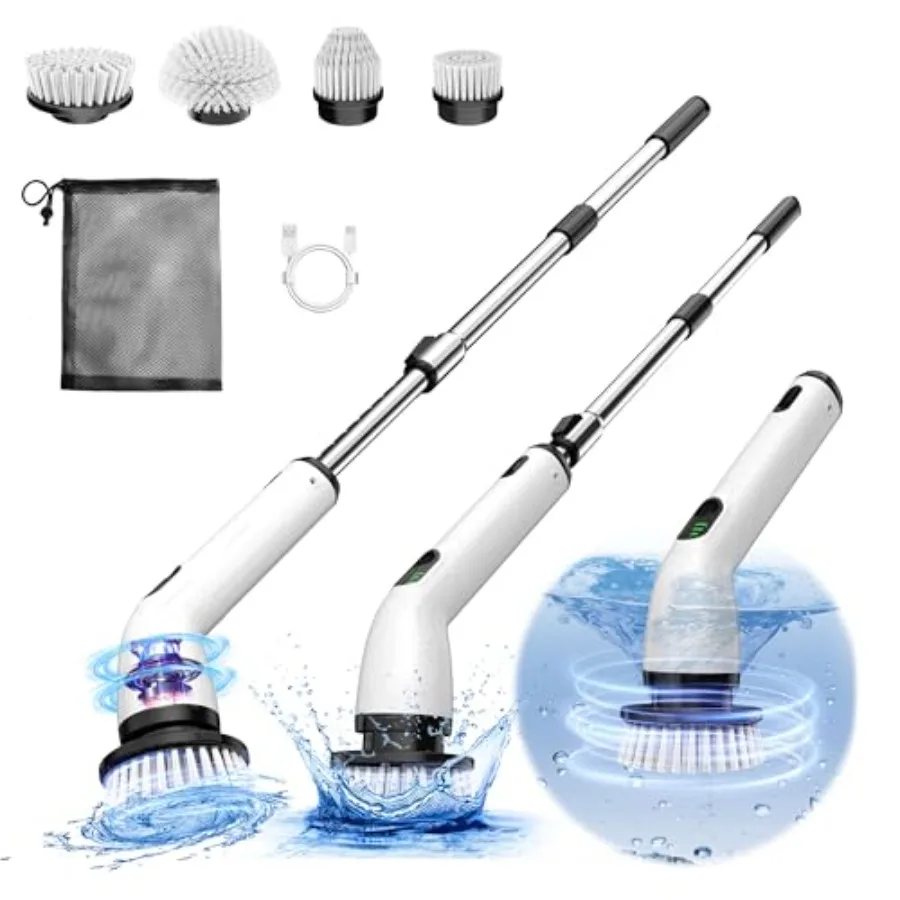 

Electric Spin Scrubber Full-Body IPX7 Waterproof Bathroom Scrubber 4 Replacement Head for Adjustable Extension Handle Electric