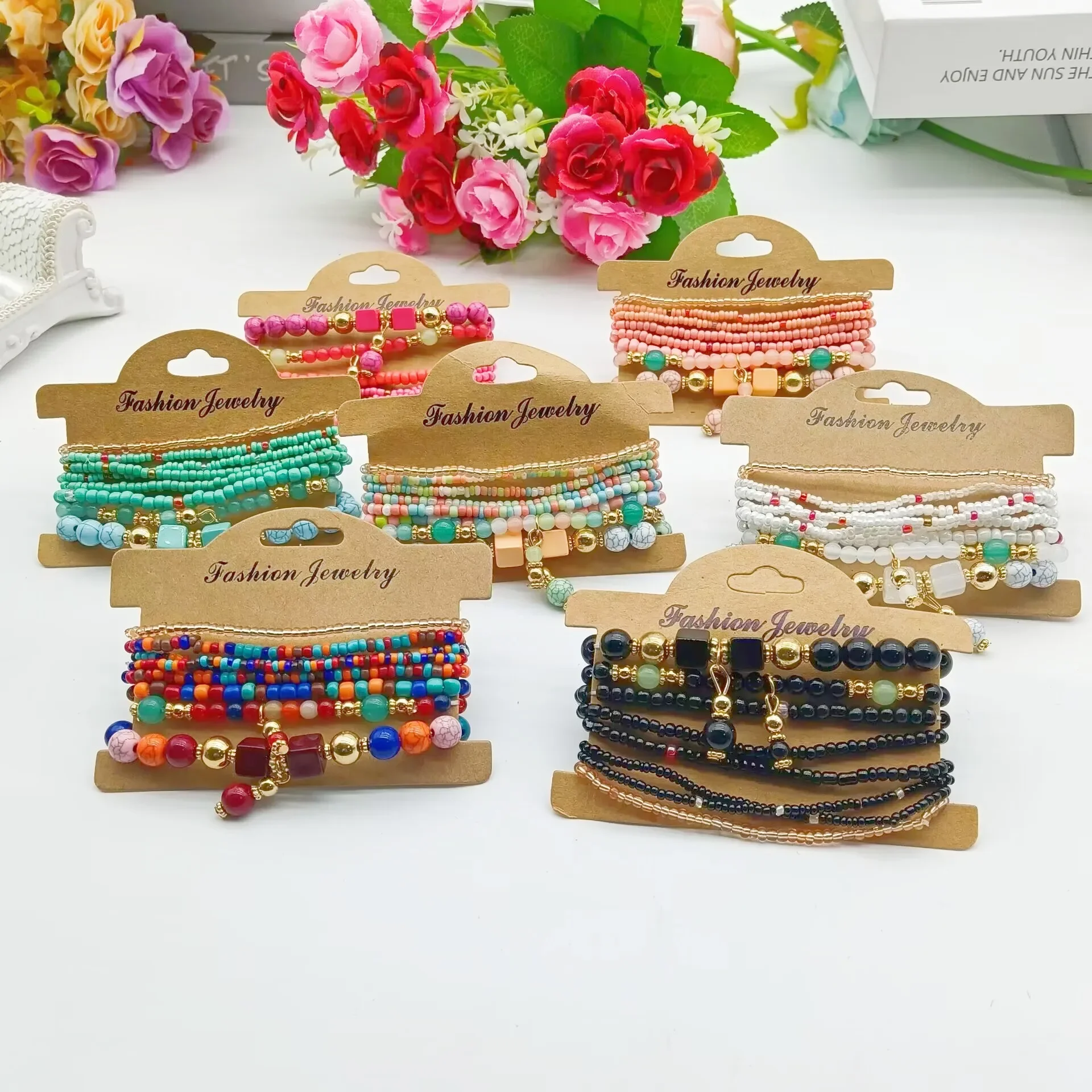 Conjunto de pulseras bohemias hechas a mano para mujer, brazalete de cadena con cuentas de semillas de colores, joyería artesanal para fiesta diaria