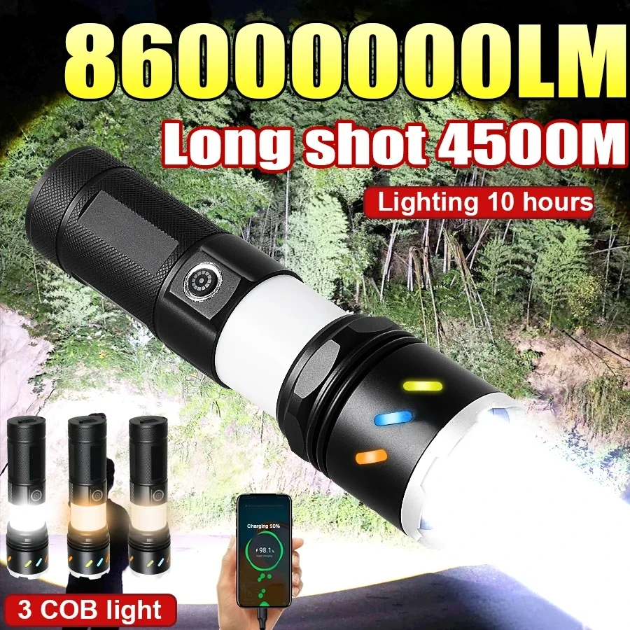 

86000000LM High Power LED Flashlight Type-C Rechargeable Waterproof Torch with COB Side Light Portable Zoom Camping Fishing Lamp