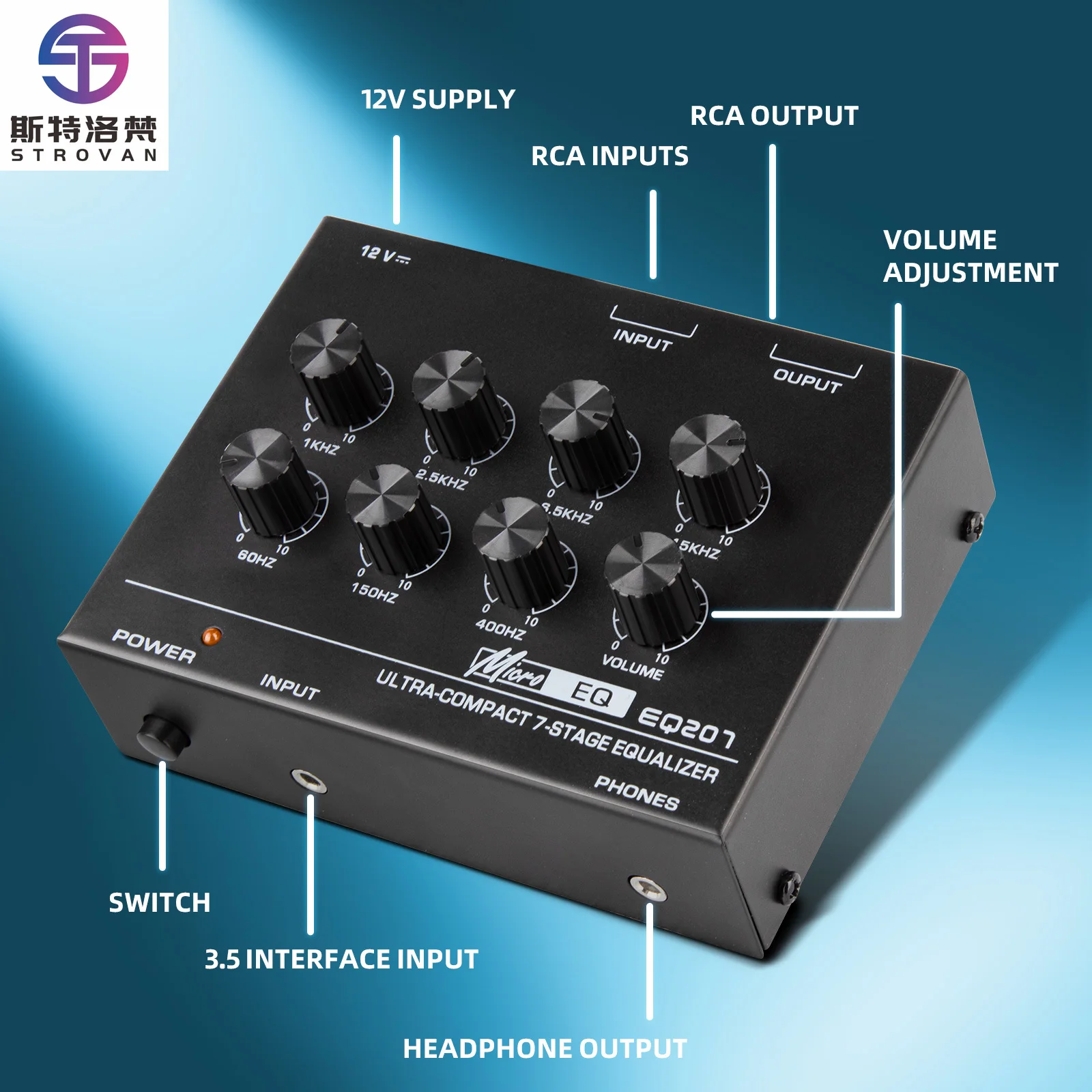 

EQ207 Audio Signal Headset Amplifier 7-Band EQ Equalizer 2 Channel Digital Sound Equalizer +12V Power Adapter