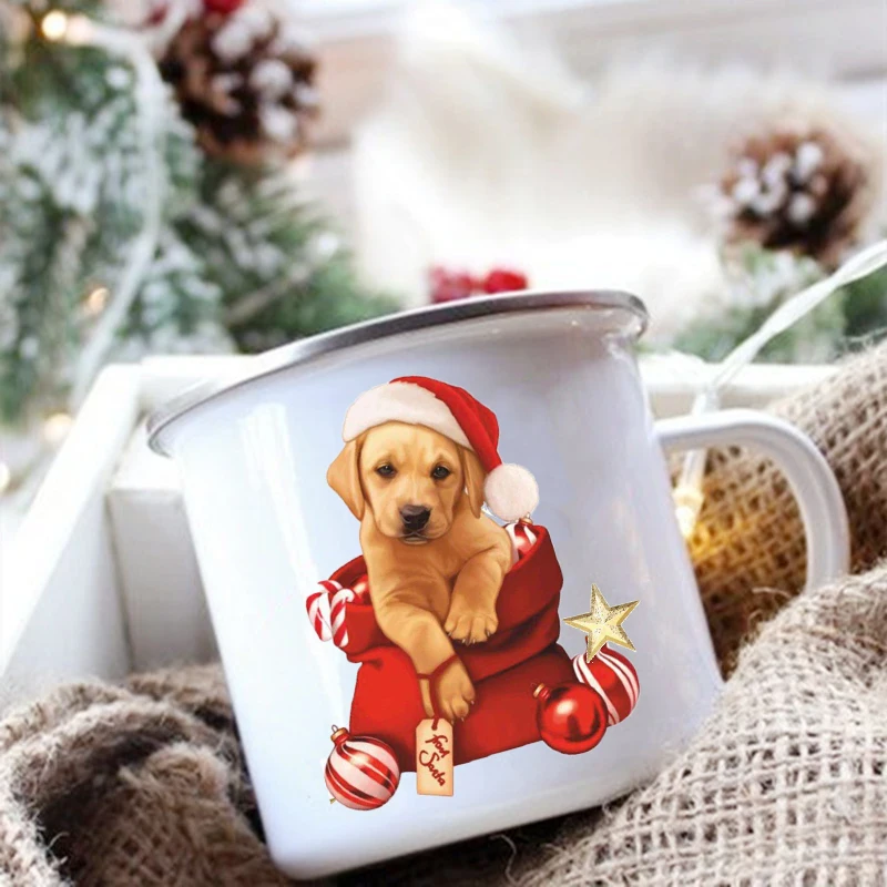 

Santa Hat Dog Print Enamel Mugs Coffee Cups Christmas Party Mug Dessert Hot Cocoa Chocolate Handle Cup Xmas Gifts for Dog Lovers