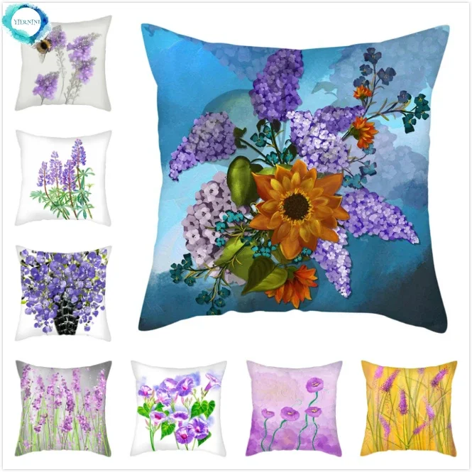 Purple Flower Lavender Polyester Cushion Cover Throw Pillowcase for Sofa Car Chair Living Room Decorative Pillow Cover 45x45cm