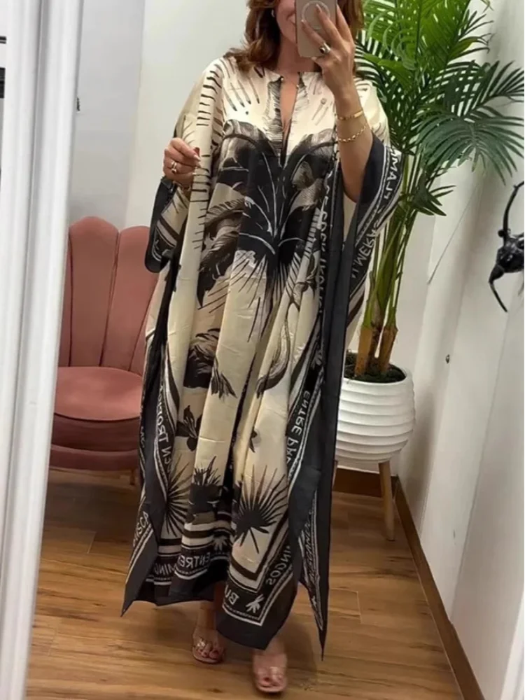 

Vintage Print Dresses For Women Casual Round Neck Hollow Out Loose Short Sleeve Robe 2025 Summer Lady Beach Vacation Streetwear