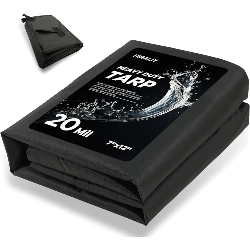 

20 Mil Heavy Duty Waterproof Tarp, 7x12ft Black Tarpaulin with Reinforced Loops for Outdoor Protection