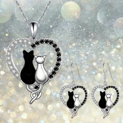 3pcs, Cute Black Cat White Cat Heart-shaped Necklace Earrings SetBirthday Christmas Gift Anniversary Party Giftsin A Niche Style