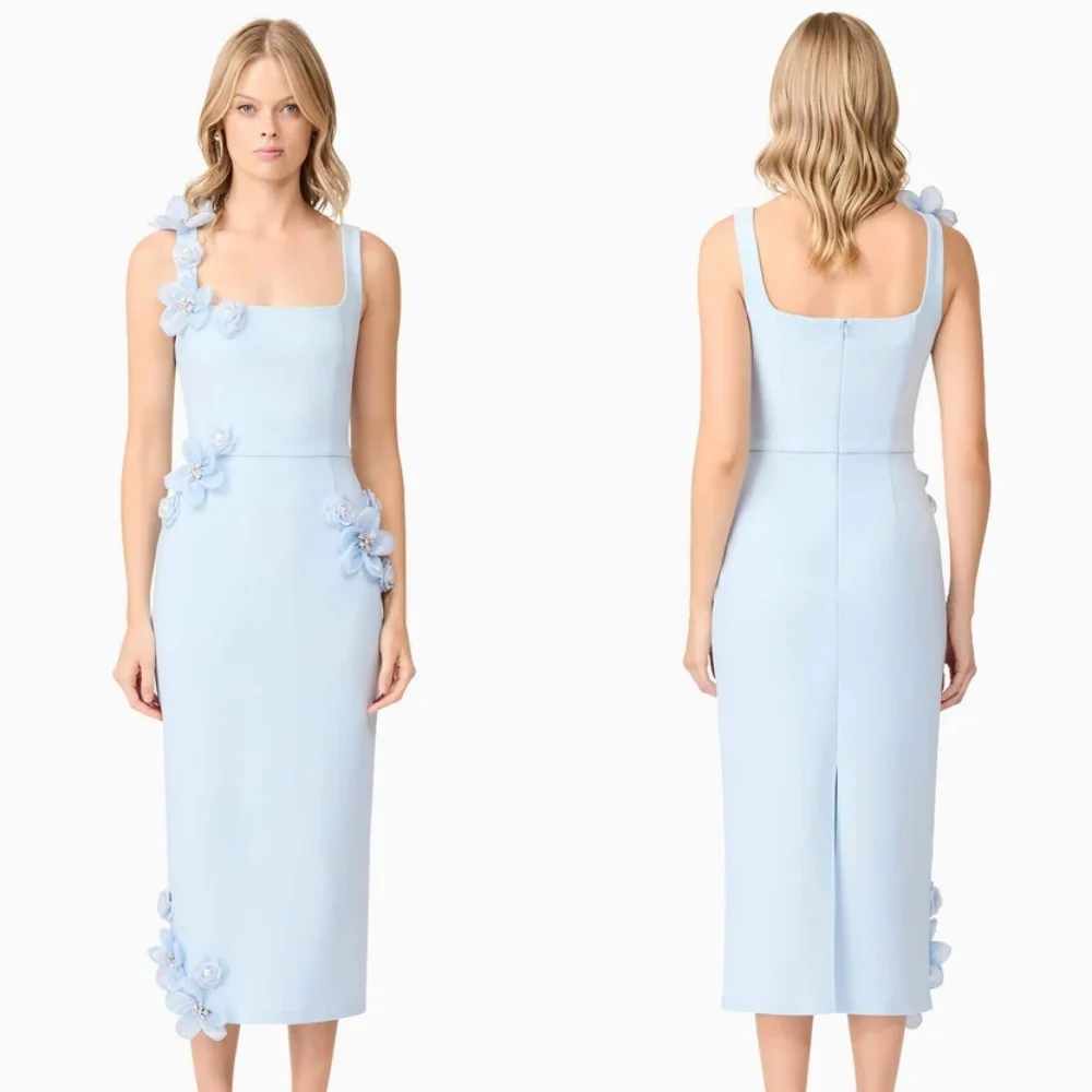 

Модный классический трикотаж ручной работы по индивидуальному заказу, с цветочным бисером, прямой ремень на тонких бретельках, платья чайной длины, платья для особых случаев на заказ