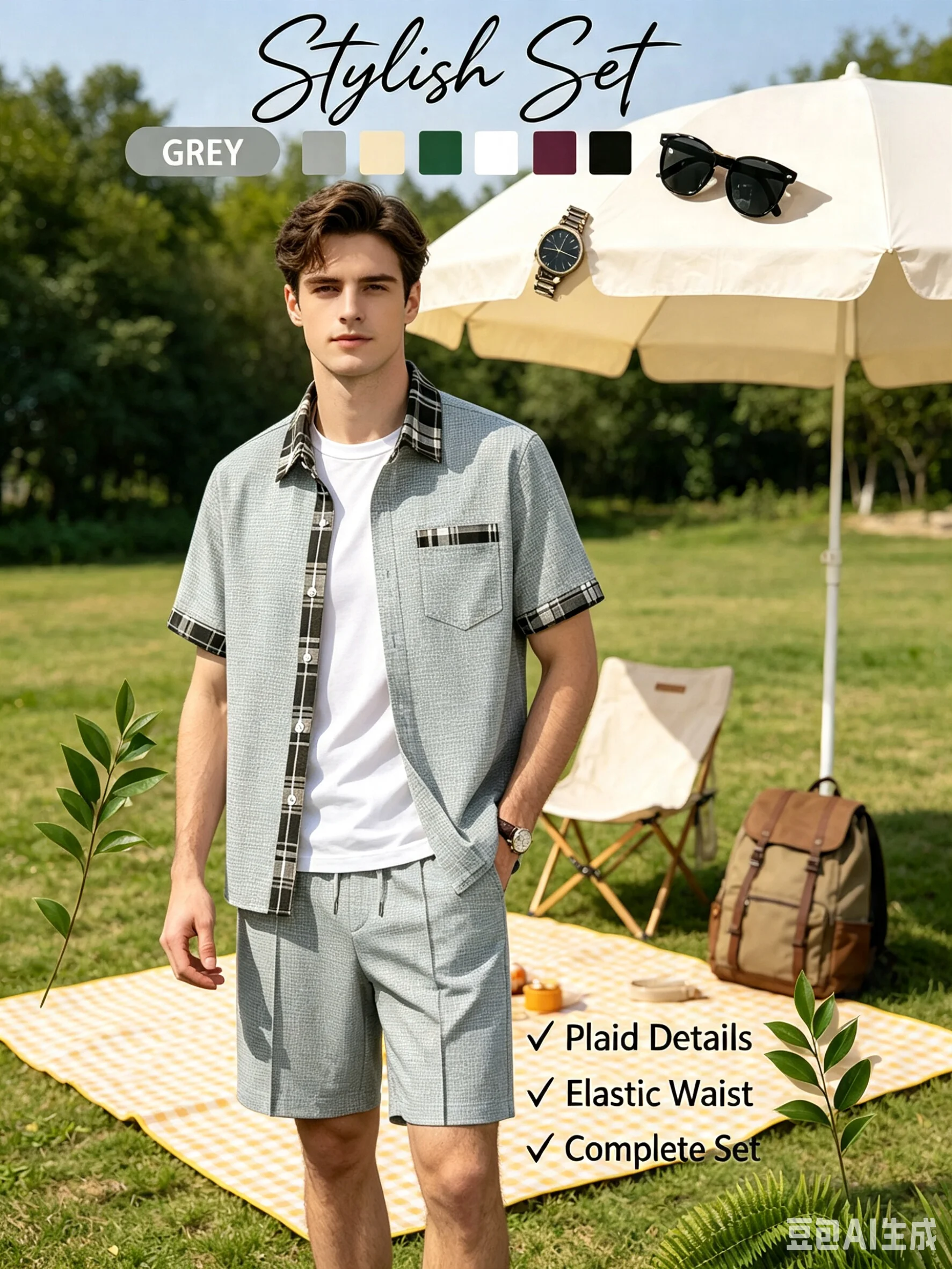 Men'sWaffle 3-in-1 Outfit Set Plaid Trim Lapel Short Sleeve Shirt+Drawstring Long Pants & Shorts Summer Casual Two-Way Wear Suit - view 3