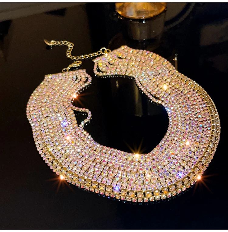 Luxury Colorful Crystal Chokers Necklaces for Women Multilayer Gold Color Chain Rhinestone Necklaces Statements Jewelry