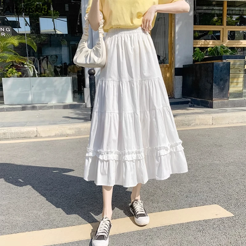 Women's Midi Skirts Pure Simple Cute Teens A-line Japanese Style Trendy Students High Waist Faldas All-match Harajuku Leisure