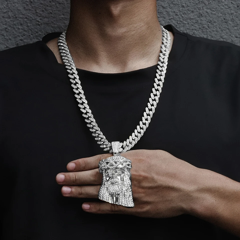 Iced Out Jesus Christ Head Charm Pendant Rhinestone Necklace With