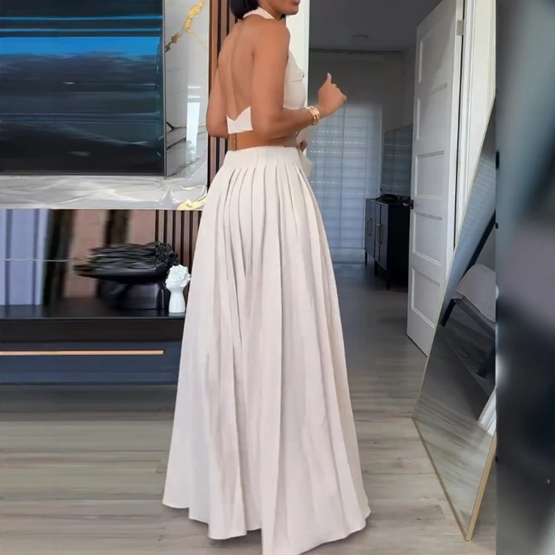 섹시한 백리스 넥 홀터 슬리브리스 솔리드 컬러 드레스 여름 하이웨이스트 A라인 롱 드레스 V넥 싱글 버튼 클로저 드레스