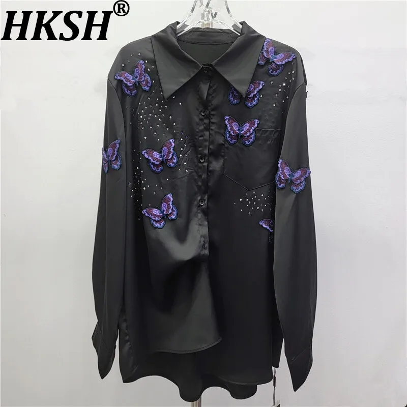 

HKSH Spring Autumn New Women Shirt Embroidery Butterfly Studded Diamonds Long Sleeve Versatile French Blouse Elegant Top HK16563